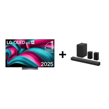 Vista frontal de 65" LG OLED evo AI C5 4K Smart TV 2025 + LG Soundbar | 400 W | 4.1 ch |incluye 2 altavoces traseros OLED65S40T.ESPR