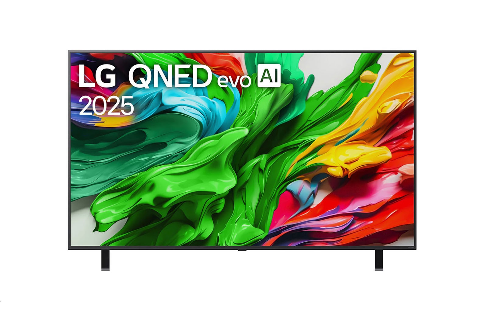 Vista de frente del TV LG QNED evo QNED85, logo de LG QNED evo Al en la esquina superior. El TV LG QNED evo QNED85 muestra texturas coloridas como una pintura que se combinan.