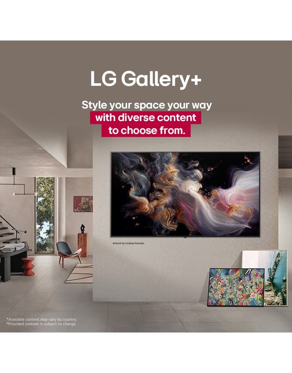 Interior de un hogar sofisticado. Se exhiben muchas obras de arte diferentes. En la pared central hay una LG TV con obras de arte en la pantalla. La TV parece un cuadro de museo.
