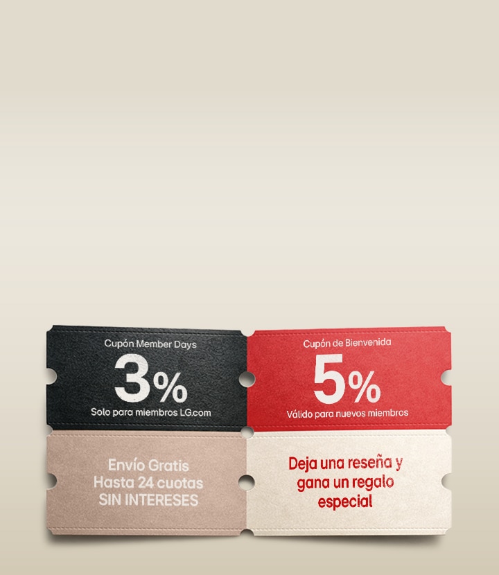 Banner promocional de LG Member Days con cuatro cupones conectados que muestran beneficios exclusivos: 3% de descuento para miembros, 5% de descuento para nuevos miembros, envío gratis con hasta 24 cuotas sin intereses y un regalo especial por dejar una reseña.