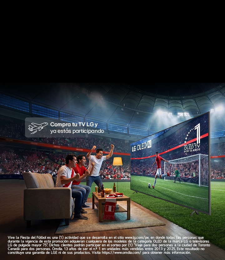 Banner promocional de LG para los "LG Member Days". El título en blanco sobre fondo negro dice: "La mejor hinchada del mundo". Abajo añade: "Merece un Viaje Inolvidable con LG Member Days". A la derecha, una familia ve fútbol en un gran TV LG OLED dentro de un estadio animado. Un botón dice: "Compra tu TV LG y ya estás participando".