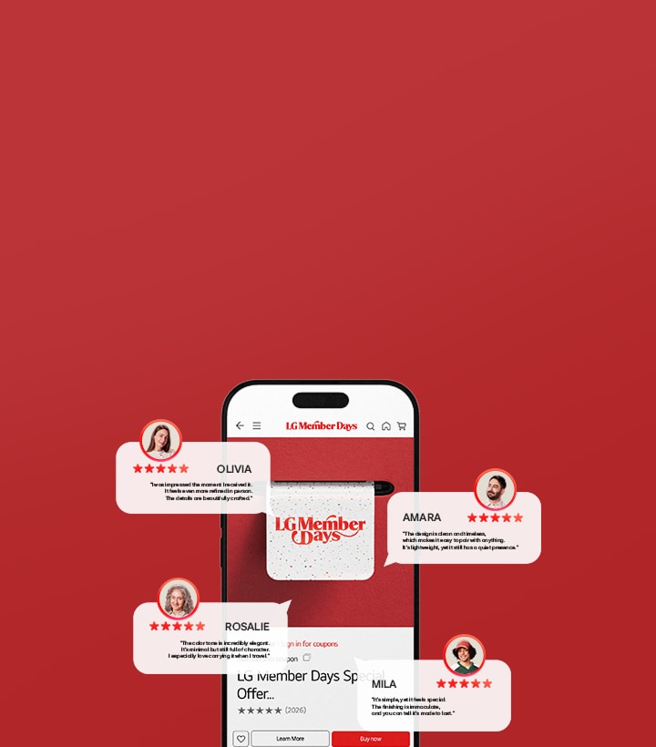 La pantalla de un smartphone que muestra la oferta especial de los Días para Miembros de LG, rodeada de globos de reseñas de clientes con cinco estrellas.