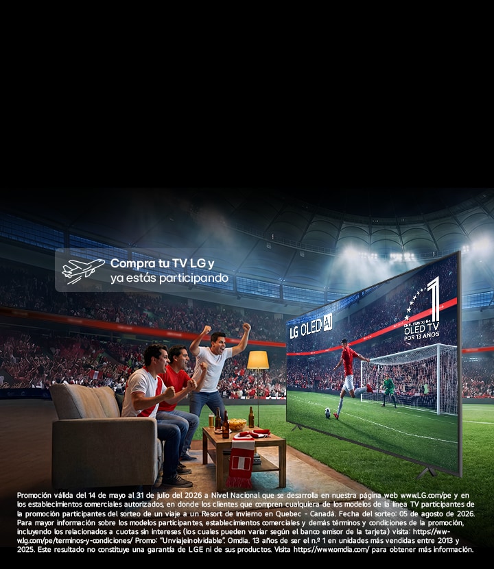 Banner de LG Member Days. Con el lema "La mejor hinchada del mundo merece un viaje inolvidable", muestra a una familia viendo fútbol en un TV LG OLED y un botón de participación. Válido a nivel nacional del 14 de mayo al 31 de julio de 2026: por la compra de un TV participante en tiendas autorizadas o en www.LG.com/pe, se ingresa al sorteo de un viaje a un Resort de Invierno en Quebec, Canadá (Sorteo: 5 de agosto de 2026). Incluye el sello de Omdia N.º 1 por 13 años.