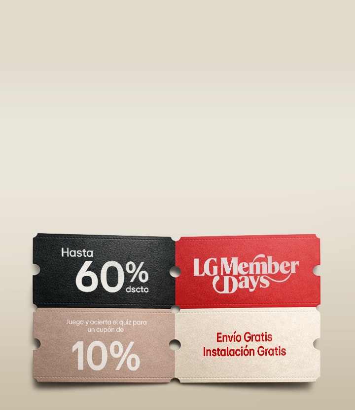 Banner de "Oferta Exclusiva LG Member Days" con hasta 60% de descuento. Incluye un cupón acumulable de hasta 13%, 24 cuotas sin intereses, envío e instalación gratis, y un cupón de 10% adicional al participar en un quiz.