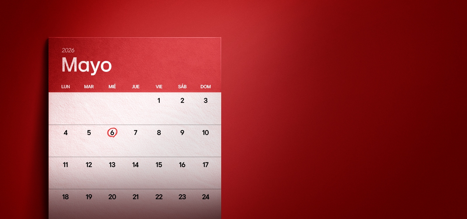 Pista del quiz de LG Member Days mostrada después de una respuesta incorrecta. Un calendario de mayo de 2026 resalta el día 6 como pista. El texto dice: «¿Demasiado difícil? ¡Aquí está la respuesta!» e invita a los usuarios a intentarlo de nuevo para recibir su cupón del 10% del quiz.