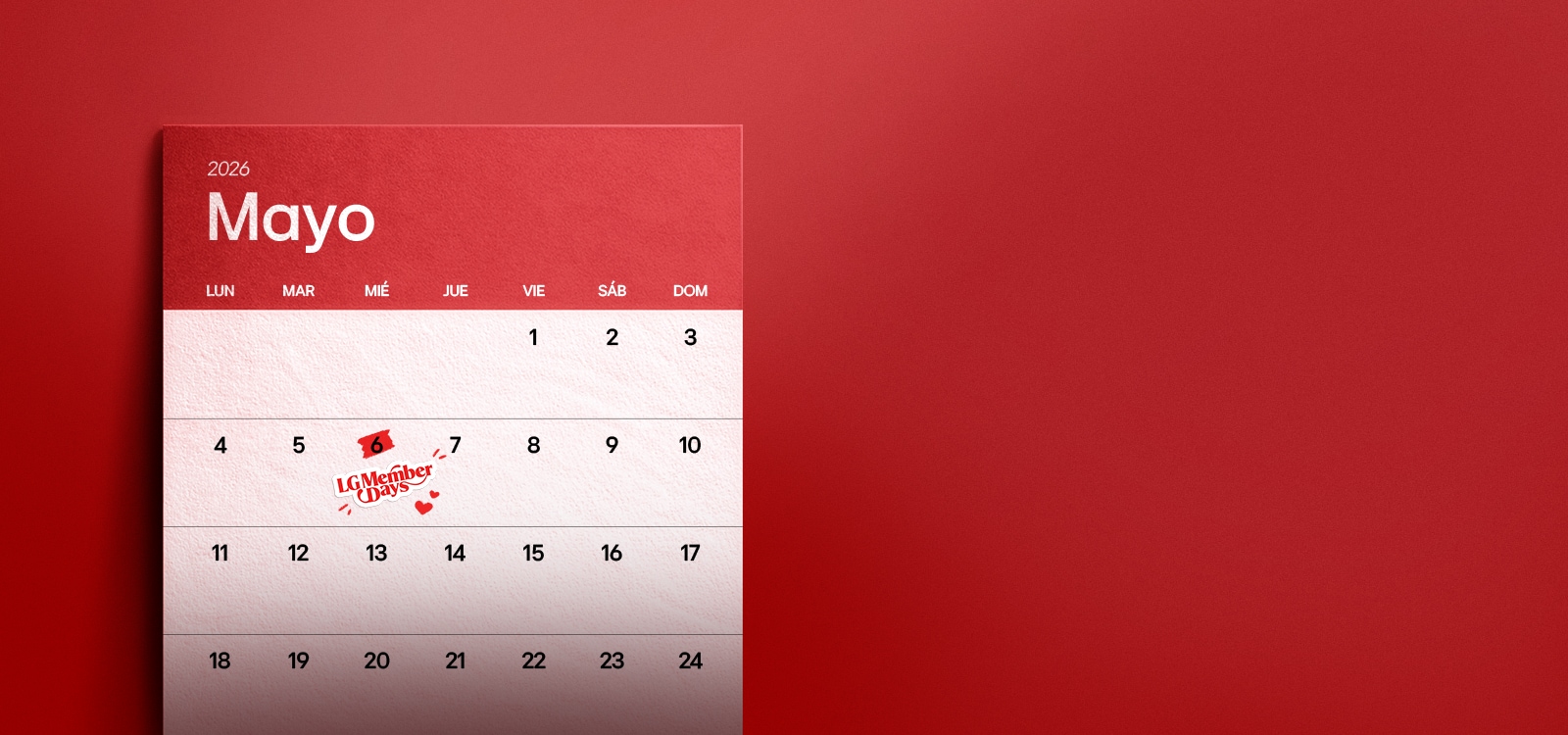 Pantalla de completado del quiz de LG Member Days. Un calendario resalta el 6 de mayo con el logotipo de LG Member Days y se muestra un cupón de descuento descargable del 10%. El texto anima a los usuarios a descargar el cupón.