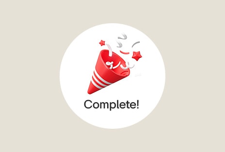 Icono de lanzador de confeti rojo con el texto "Complete!" para indicar participación exitosa.