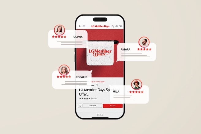 La pantalla de un smartphone que muestra la oferta especial de los Días para Miembros de LG, rodeada de globos de reseñas de clientes con cinco estrellas.
