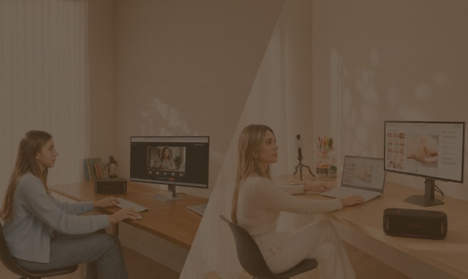 Una composición dividida que muestra a una estudiante de secundaria en una videollamada y a una mujer profesional trabajando con un monitor, ambas utilizando altavoces LG XBOOM sobre un fondo de espacio en blanco.