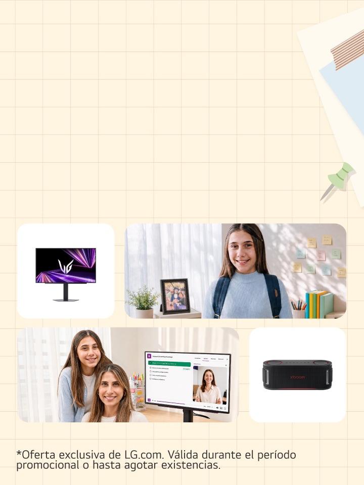 Una madre y su hija sonriendo frente a una computadora portátil con una clase en línea, junto a un monitor LG UltraGear, una familia posando junta y un parlante portátil, todo sobre un fondo con diseño de cuaderno escolar con un lápiz y un clip.