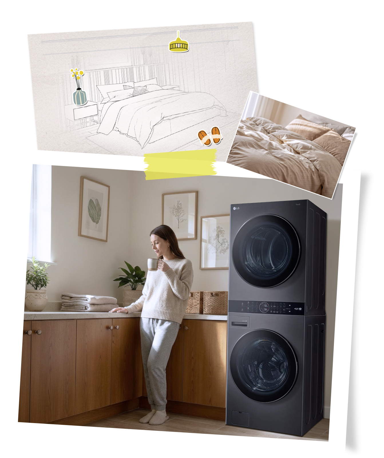 Mujer renovando la ropa de cama con una lavadora-secadora LG como parte de una rutina tranquila de fin de semana.