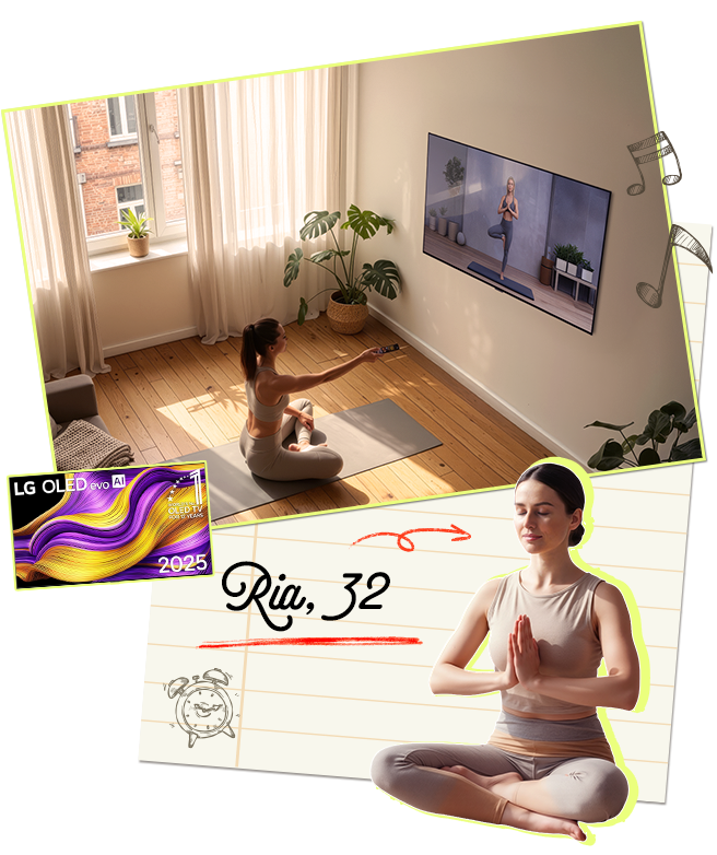 Mujer haciendo yoga por la mañana en casa mientras sigue un entrenamiento en el TV.