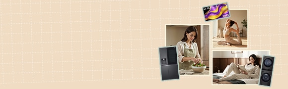 Visual clave de estilo de vida que muestra rutinas diarias en casa con electrodomésticos LG	