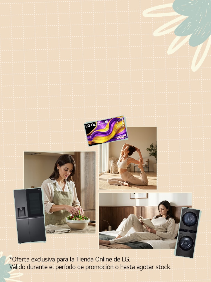 Visual clave de estilo de vida que muestra rutinas diarias en casa con electrodomésticos LG	