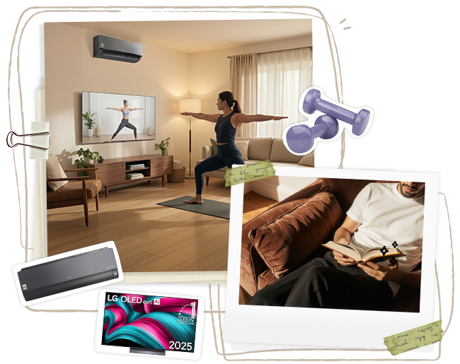 Una imagen estilo collage de una mujer haciendo ejercicio bajo el aire acondicionado mientras ve televisión, y un hombre leyendo en el sofá.	