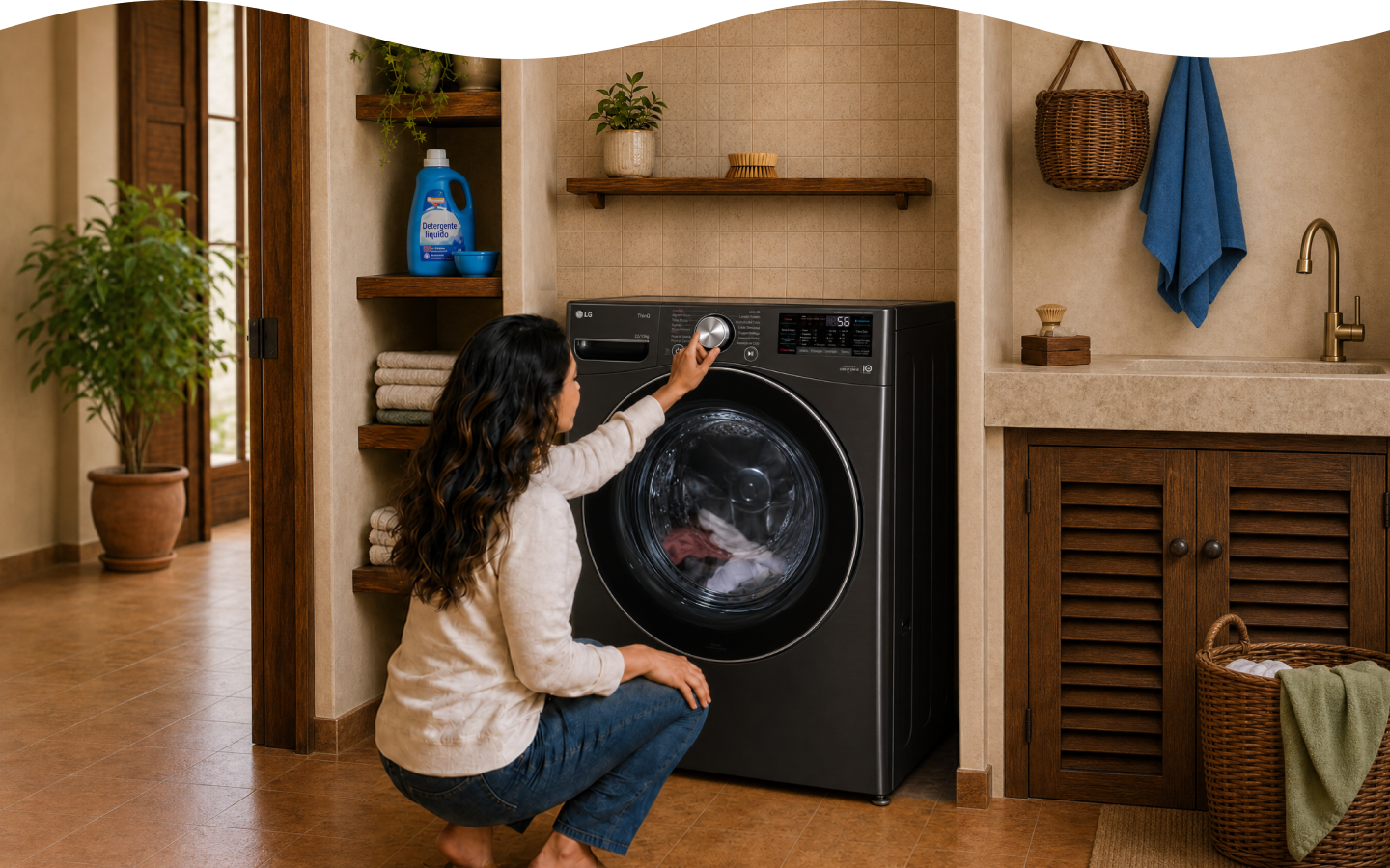 Una mamá ajusta las configuraciones de una lavadora LG de carga frontal en la lavandería