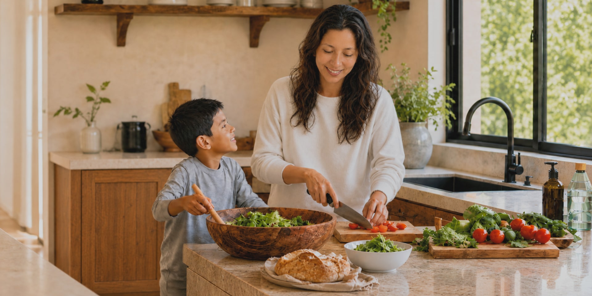 Una mamá y su hijo preparan una ensalada juntos en una cocina iluminada
