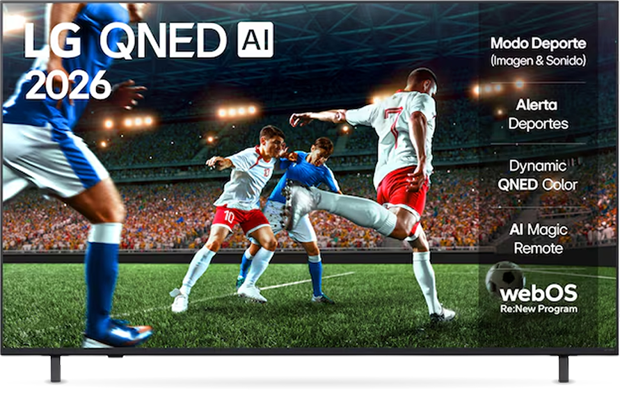 Televisor LG QNED AI con jugadores de fútbol en un campo de césped verde ante un estadio lleno, junto a los logotipos de 'Modo Deporte', 'Alerta Deportes', 'Dynamic QNED Color', 'AI Magic Remote' y 'webOS Re:New Program'