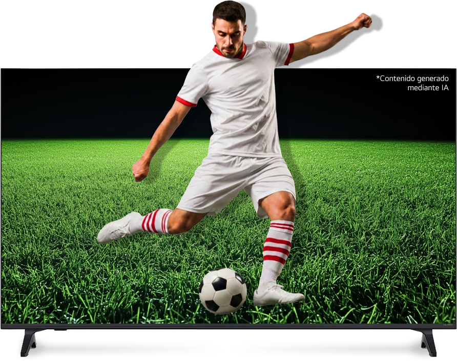 Un jugador de fútbol que parece salir de una pantalla vibrante de TV LG QNED para patear un balón. *contenido generado mediante IA