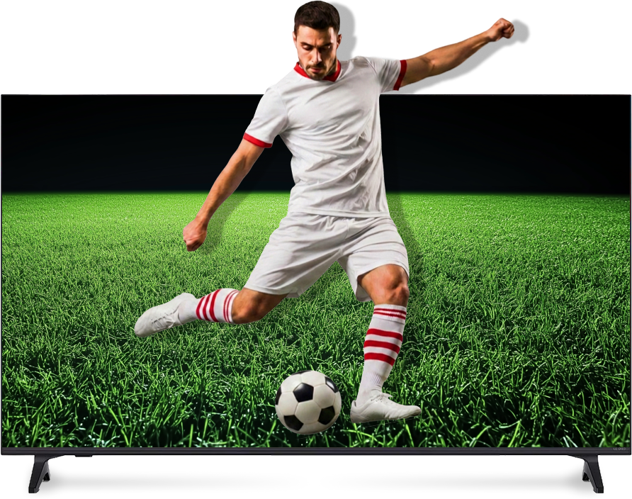 Un jugador de fútbol que parece salir de una pantalla vibrante de TV LG QNED para patear un balón