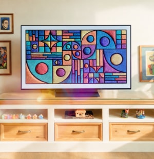 El TV OLED LG exhibe una obra de arte geométrica que se integra armoniosamente con la decoración de la sala.