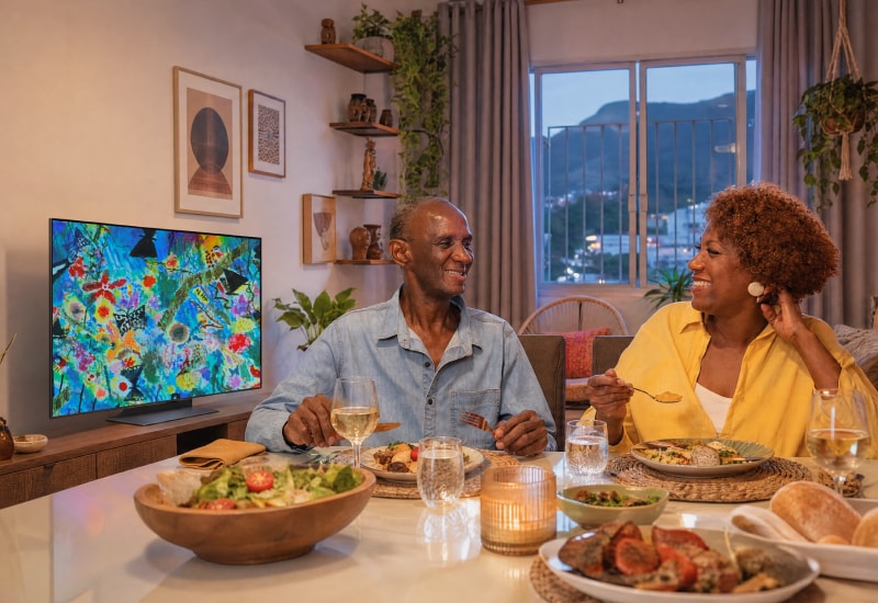 Manuel y Sandra se sonríen durante la cena mientras el TV OLED LG muestra una colorida obra de arte al fondo.