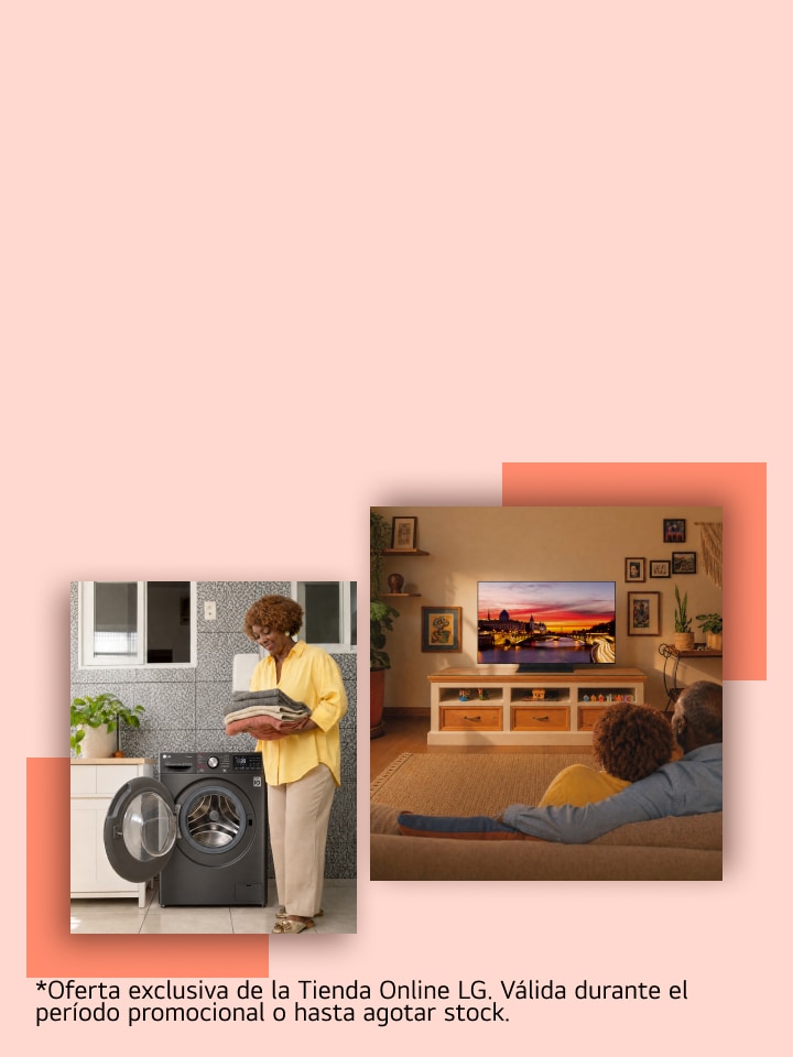 Una madre sostiene a su bebé mientras prepara alimentos en una cocina moderna, con una refrigeradora LG de puertas francesas al fondo.