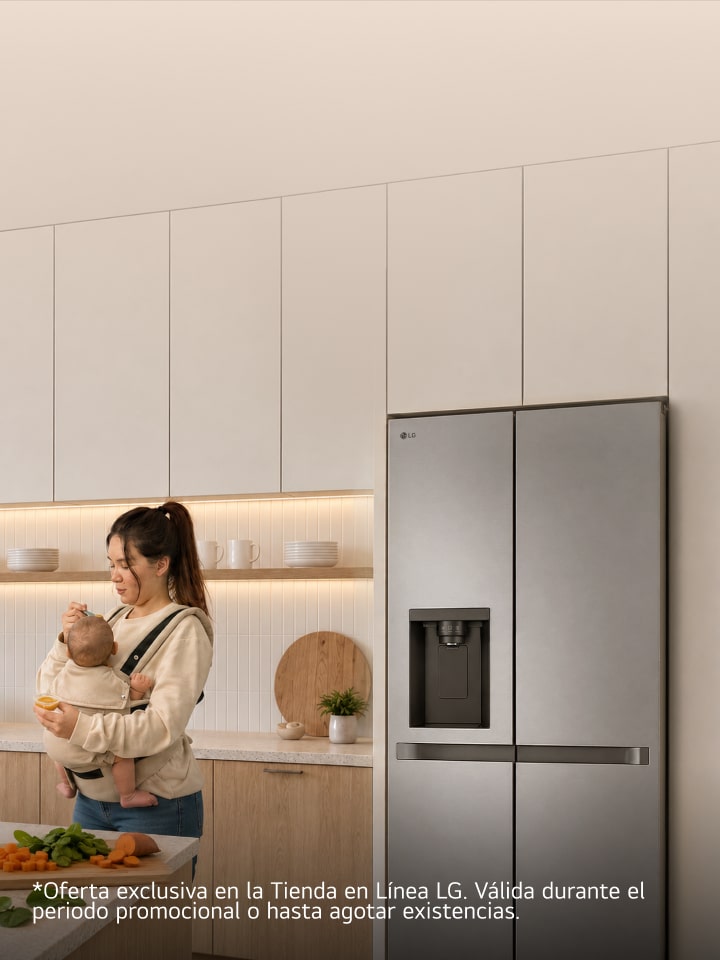 Una imagen clave de estilo de vida que muestra las rutinas cotidianas en el hogar con electrodomésticos LG. *Oferta exclusiva de LG.com. Válida durante el período promocional o hasta agotar existencias.