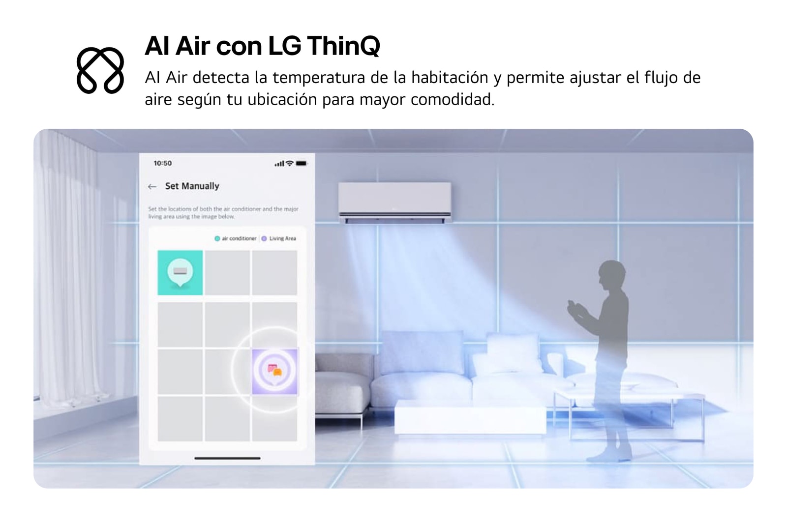 Illustration of LG AI Air technology in a living room with a wall-mounted air conditioner. The system adjusts airflow by sensing room temperature and user location. The accompanying text reads: 'AI Air with LG ThinQ: AI Air senses room temperature and adjusts airflow based on your location for comfort.'
