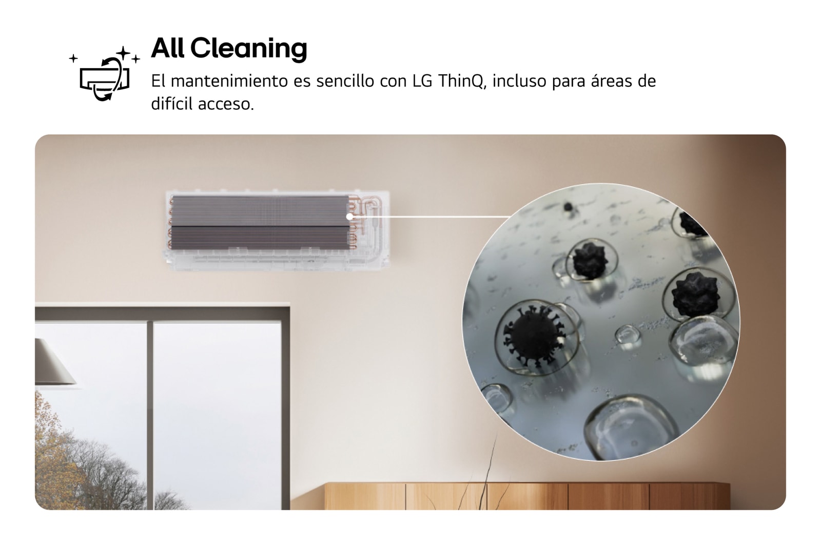 Image showcasing LG air conditioner's All Cleaning feature. The visual highlights the internal cleaning process, with a close-up showing dirt and germs being removed. The text reads: 'All Cleaning. Maintenance is simple with LG ThinQ, even for hard-to-reach areas.'