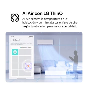 Illustration of LG AI Air technology in a living room with a wall-mounted air conditioner. The system adjusts airflow by sensing room temperature and user location. The accompanying text reads: 'AI Air with LG ThinQ: AI Air senses room temperature and adjusts airflow based on your location for comfort.'