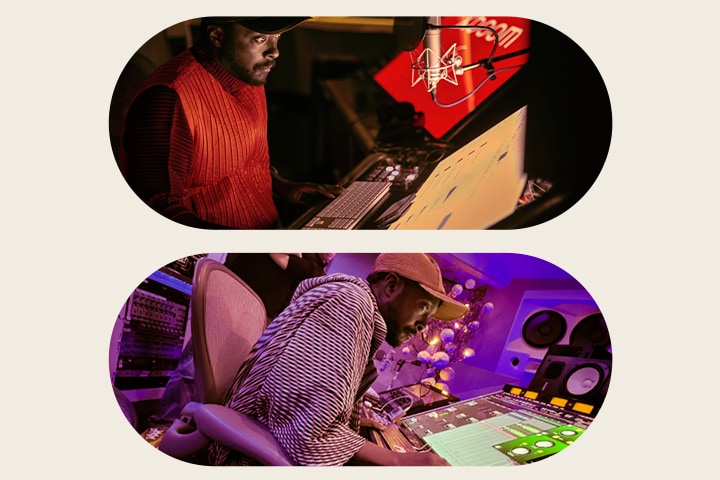 En la imagen superior, will.i.am está trabajando en un estudio de grabación con un chaleco rojo y mirando una pantalla que se encuentra frente a él. En la imagen inferior, will.i.am también está trabajando en un estudio mirando una pantalla con ventanas verdes.
