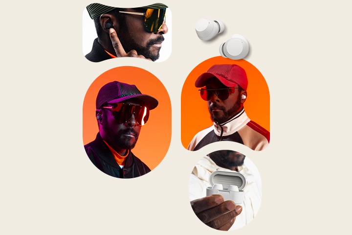 En la parte superior izquierda, la cara posterior de will.i.am permanece mirando hacia su lado izquierdo, con gafas de sol y apuntando los auriculares a su oreja con su dedo índice. En la parte superior derecha, se mantienen las imágenes de dos auriculares blancos. En el medio a la izquierda, se coloca la imagen del retrato de will.i.am mirando hacia el frente, con auriculares, gorra y gafas de sol. En el medio a la derecha, se mantiene otra imagen de retrato de will.i.am, también con auriculares, gorra y gafas de sol. Debajo, la base de los xboom Buds con los auriculares dentro permanece en la mano de will.i.am.