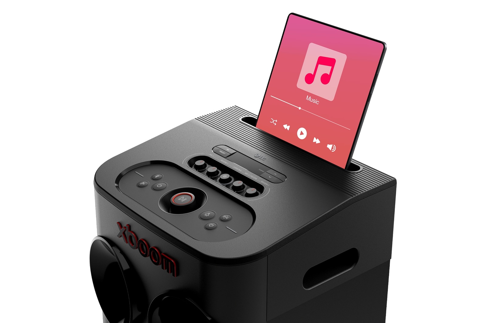 Top perspective view showing a tablet mounted in the top groove
