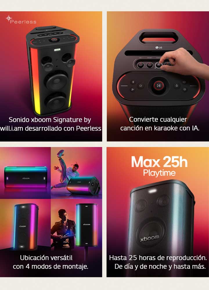 1) LG xboom Stage 501, potente parlante para fiestas con sonido Signature ajustado por Peerless e iluminación integrada. 2) LG xboom Stage 501 con controles manuales para convertir cualquier canción en karaoke con IA. 3) LG xboom Stage 501 con 4 modos de montaje versátiles para diferentes configuraciones. 4) LG xboom Stage 501 con hasta 25 horas de batería, de día y de noche.
