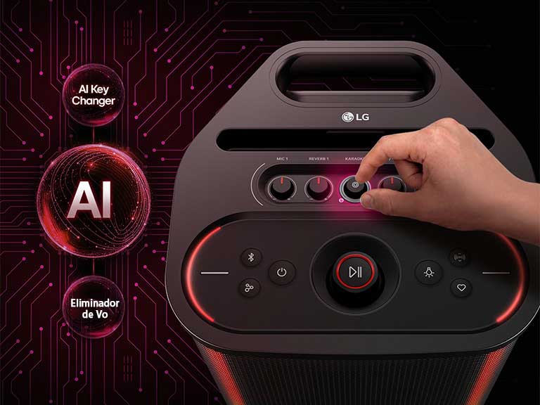 Parlante LG xboom Stage 501 mostrando las funciones de AI Karaoke Master, con controles de AI Key Changer y Voice Remover usados para convertir cualquier canción en karaoke.