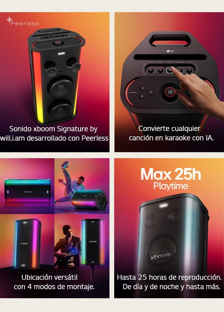 1) LG xboom Stage 501, potente parlante para fiestas con sonido Signature ajustado por Peerless e iluminación integrada. 2) LG xboom Stage 501 con controles manuales para convertir cualquier canción en karaoke con IA. 3) LG xboom Stage 501 con 4 modos de montaje versátiles para diferentes configuraciones. 4) LG xboom Stage 501 con hasta 25 horas de batería, de día y de noche.