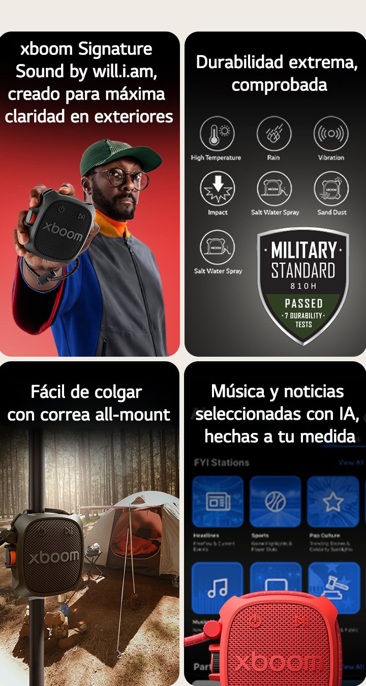 1) Parlante portátil Bluetooth LG XBOOM Rock, con sonido exclusivo afinado por will.i.am, diseñado para ofrecer audio claro y potente en exteriores. 2) LG XBOOM Rock se destaca por su durabilidad comprobada, probado bajo estándares militares para resistir caídas, movimientos y condiciones exteriores. 3) Parlante portátil LG XBOOM Rock colgado en exteriores con su correa all-mount, que permite instalación fácil y ubicación flexible para uso al aire libre. 4) Parlante LG XBOOM Rock muestra recomendaciones de música y noticias mediante IA según tus preferencias de escucha.