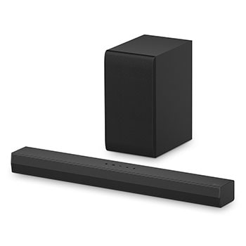 45-degree-angle view of soundbar and sub-woofer