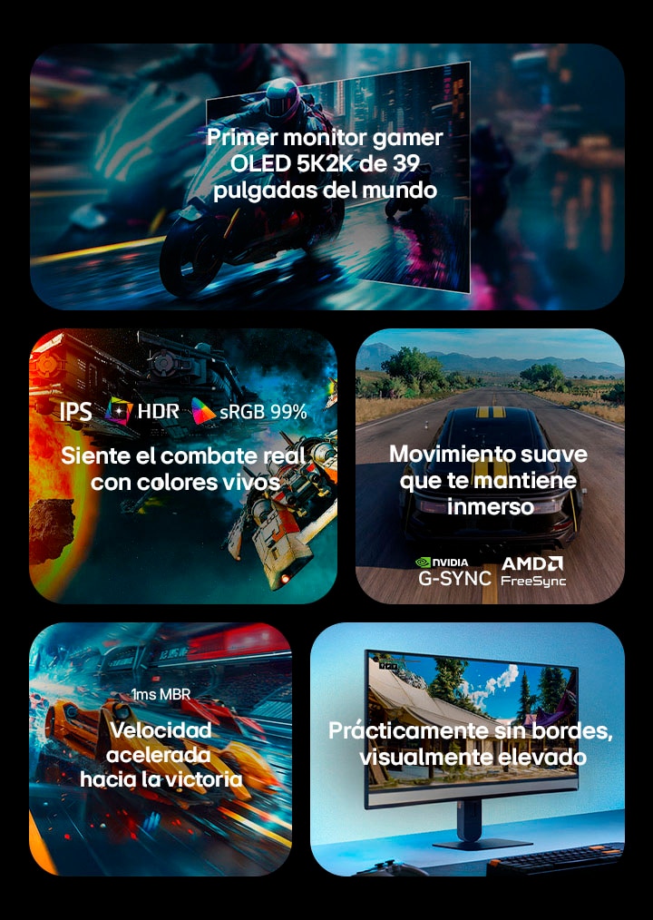 This image presents key features of an LG gaming monitor, including a 144Hz refresh rate for fluid motion, IPS display with HDR and sRGB 99% color for vivid visuals, smooth gameplay with NVIDIA G-SYNC and AMD FreeSync support, 1ms MBR response time for fast-paced gaming, and a virtually borderless design for an immersive setup.