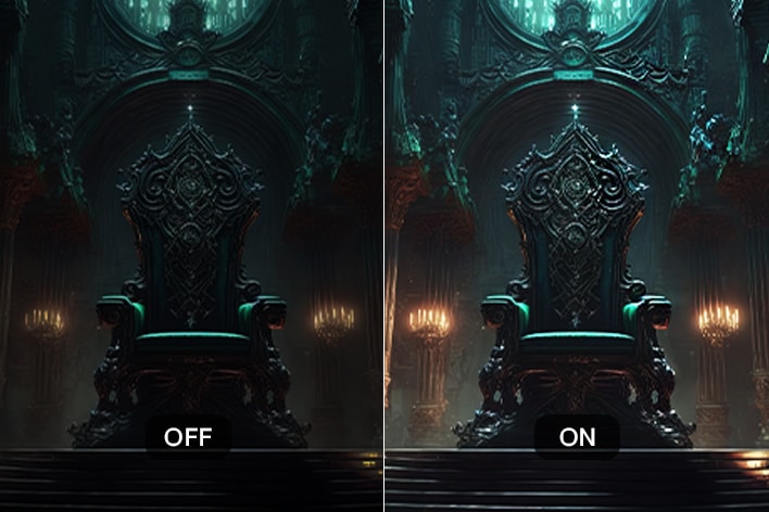 Comparison of gameplay with Black Stabilizer off and on, showing enhanced visibility in dark scenes on the UltraGear™ 27G414B monitor.