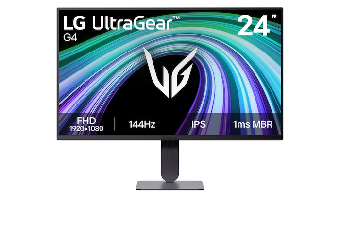 Esta imagen muestra la vista frontal del monitor gaming LG UltraGear G4 de 27 pulgadas, el cual cuenta con una pantalla IPS de resolución FHD (1920×1080), una frecuencia de actualización de 144Hz y 1ms MBR, destacando un rendimiento rápido y una jugabilidad fluida para el uso en videojuegos.