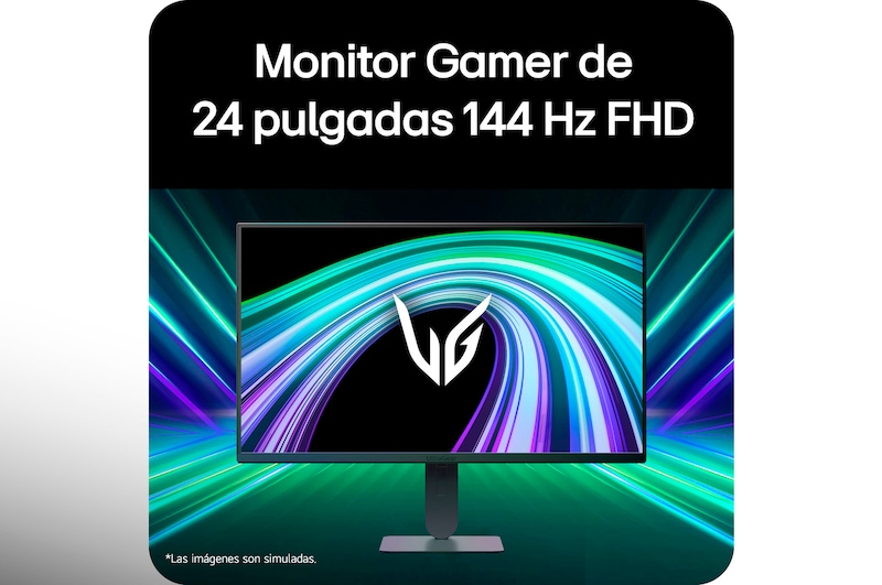 Vista frontal de un monitor gaming exhibido en un entorno futurista de estilo neón.