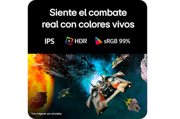 Escena de batalla futurista mostrada en un monitor gaming, exhibiendo colores vívidos con una gama cromática sRGB del 99%, tecnología IPS y certificación HDR.