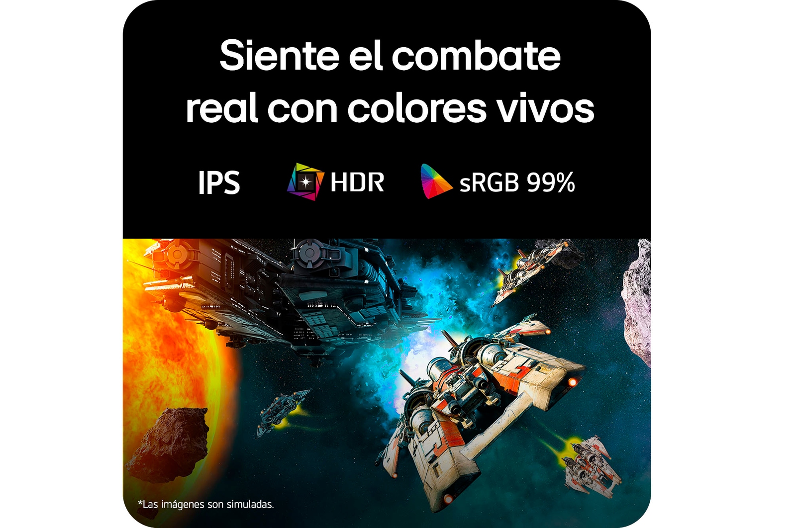Escena de batalla futurista mostrada en un monitor gaming, exhibiendo colores vívidos con una gama cromática sRGB del 99%, tecnología IPS y certificación HDR.
