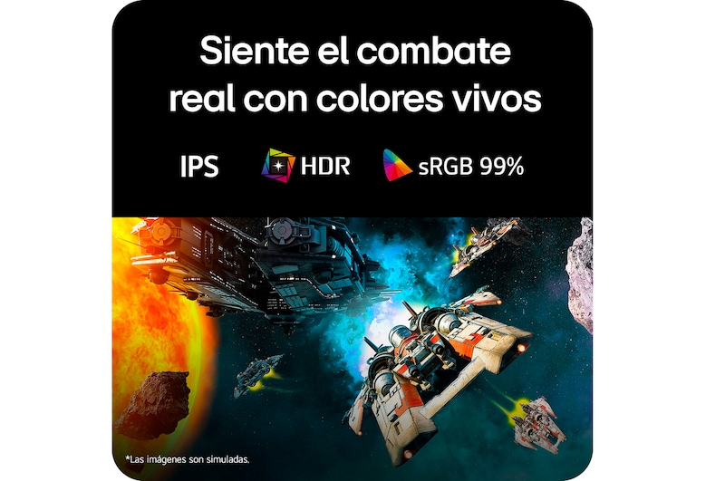 Escena de batalla futurista mostrada en un monitor gaming, exhibiendo colores vívidos con una gama cromática sRGB del 99%, tecnología IPS y certificación HDR.