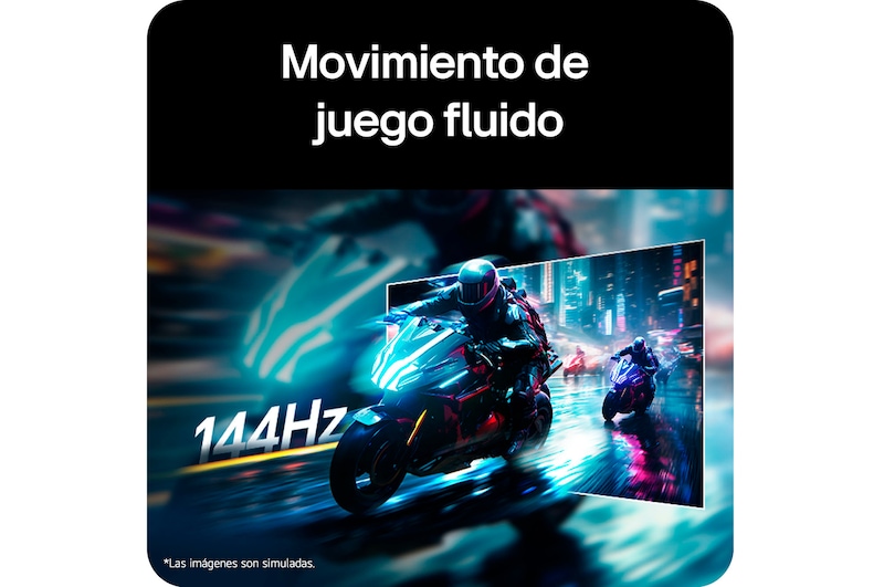 Escena de una carrera de motocicletas mostrada en un monitor gaming, ilustrando una frecuencia de actualización de 144Hz para un movimiento fluido en el juego.