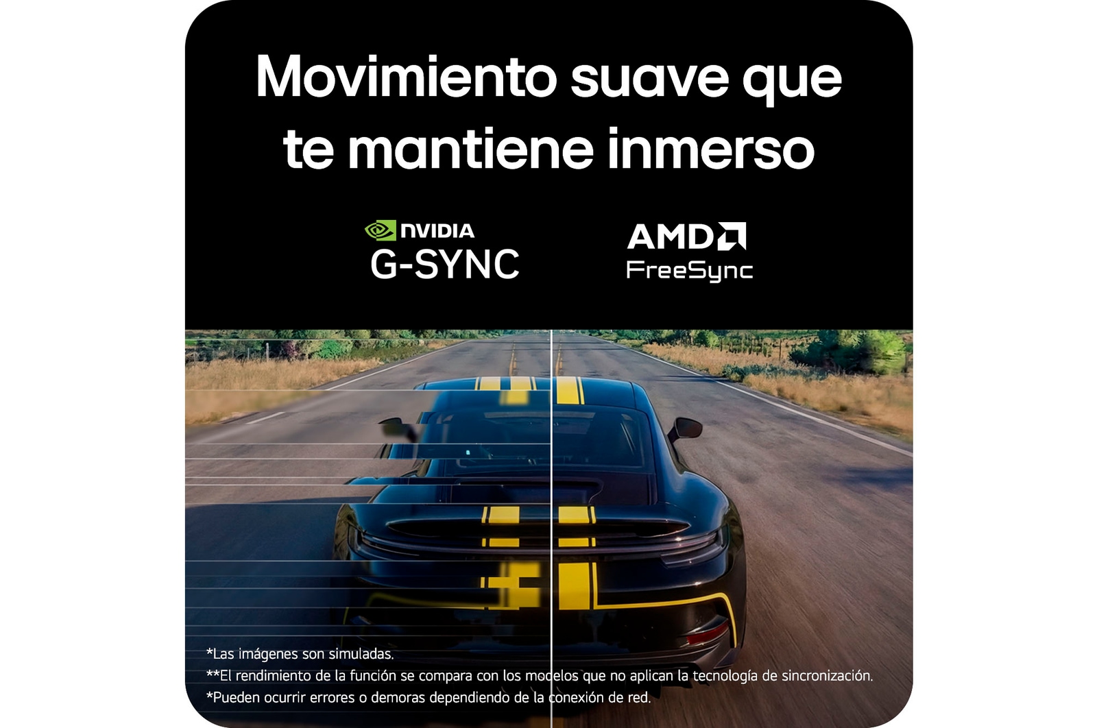 Escena de carreras de Assetto Corsa Competizione mostrada en un monitor gaming, con soporte para Adaptive Sync (NVIDIA G-SYNC y AMD FreeSync) para una experiencia de juego fluida y sin desgarros de imagen.