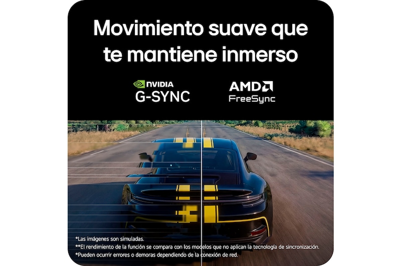 Escena de carreras de Assetto Corsa Competizione mostrada en un monitor gaming, con soporte para Adaptive Sync (NVIDIA G-SYNC y AMD FreeSync) para una experiencia de juego fluida y sin desgarros de imagen.