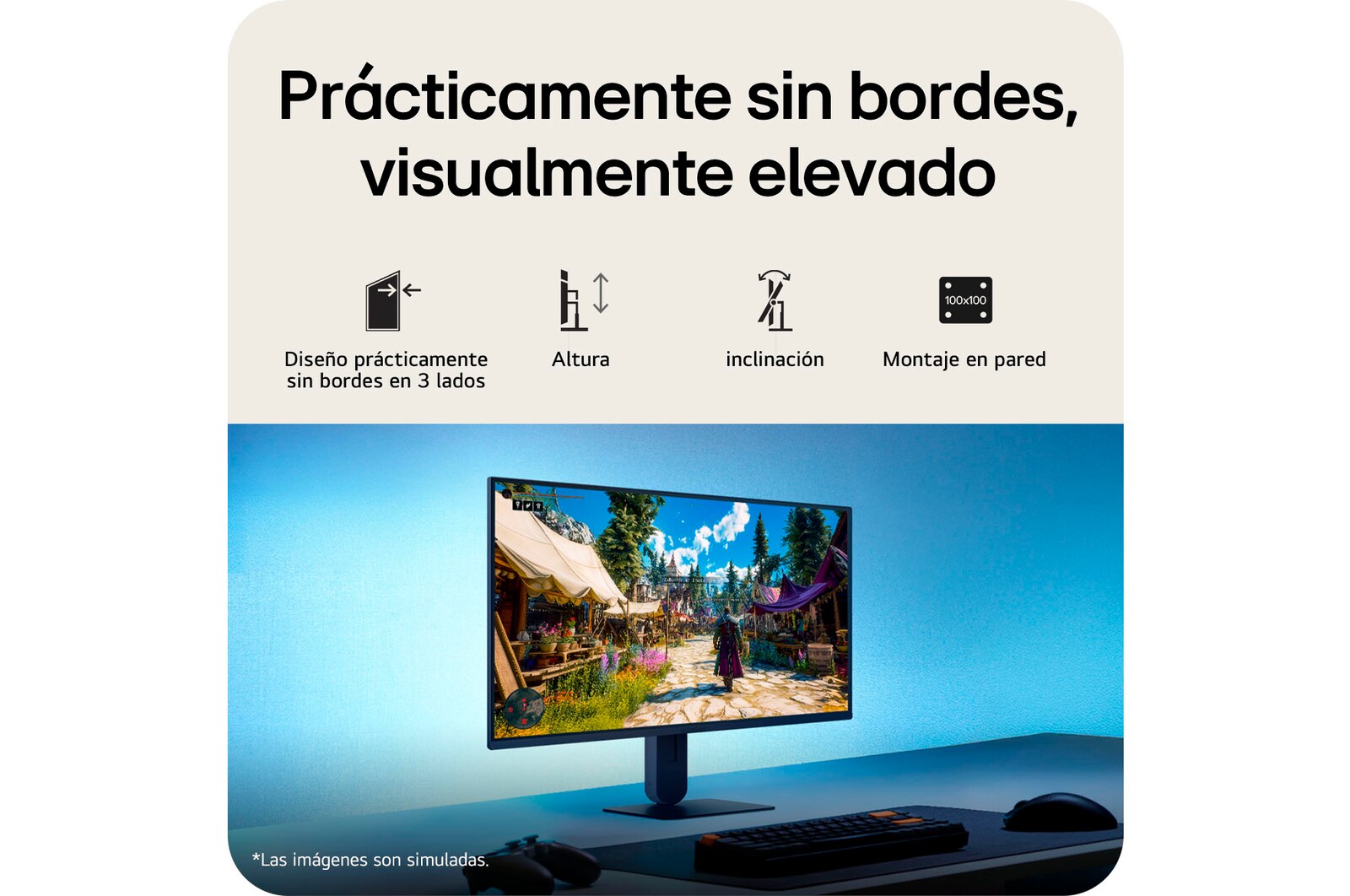 Esta imagen muestra un monitor gaming UltraGear™ en una configuración de escritorio, visualizando una escena de juego, con iconos que indican un diseño sin bordes en tres lados, ajuste de altura, soporte de inclinación y compatibilidad con montaje en pared.